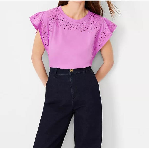 Ann Taylor Eyelet T-Shirt Flutter Sleeve Top Casual Blouse Pink Size L - Picture 1 of 6